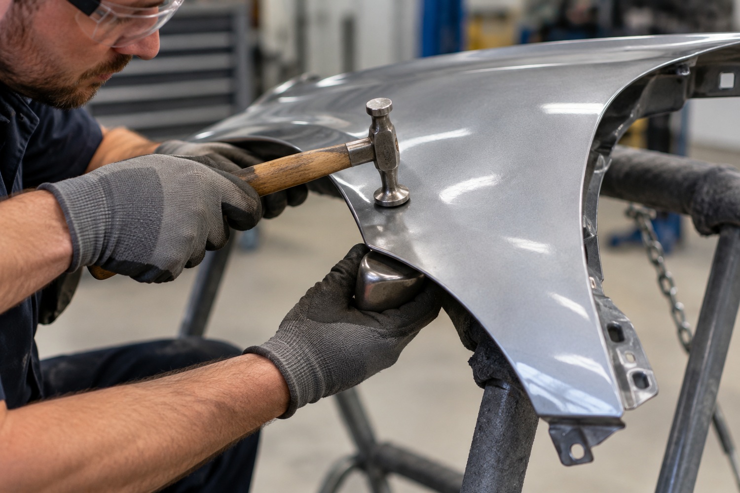 Technician working sheet metal with a small panel hammer and a steel dolly behind the panel.